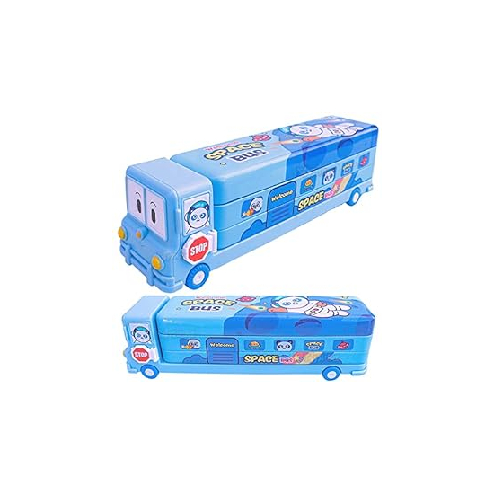 HIGH TRUSTED® 2 in 1 Cartoon Printed School Bus Shaped Pencil Compass Box with Wheels and Sharpener Metal Box Ideal for Kids and Childrens